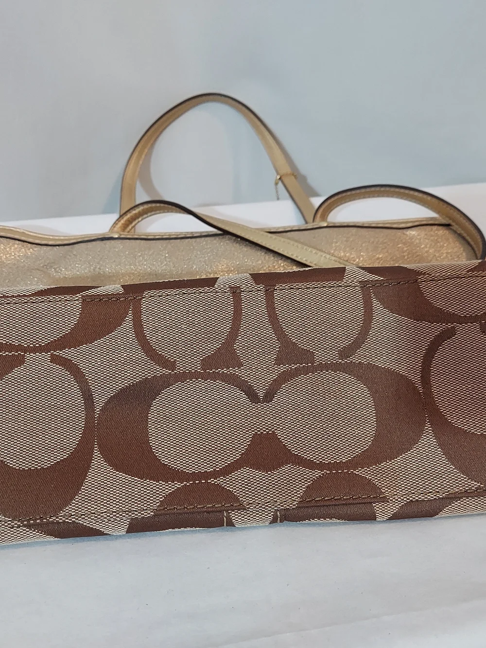 Coach Signature Stripe Floral Chrysanthemum Tote Gold Khaki Jacquard 12204
